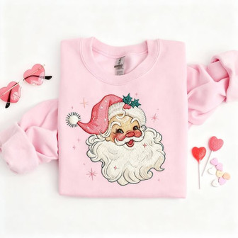 Pink Santa Retro Christmas T-Shirts Embroidered Sweatshirts For Women Pink Christmas Matching Family Sweaters Pink Vintage Holiday Crewneck Group Party - Monsterry
