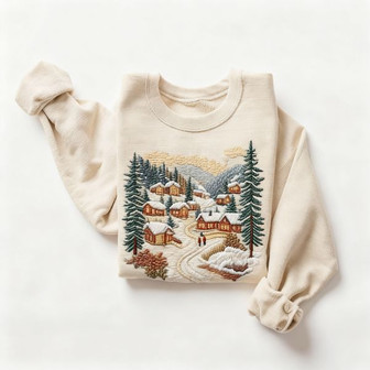 Retro Christmas Winter Village Embroidered Sweatshirt - Nineties 90s Mountain Pine Trees Decorated Cabins Outfit - Boho Unisex Crewneck Embroidered Sweatshirt - Monsterry