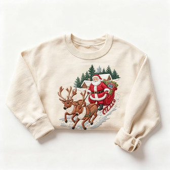 Retro Santa & Reindeer Christmas Winter Cabin Embroidered Sweatshirt - 90s Santa Claus Sleigh Snowy Forest Outfit - Boho Unisex Crewneck Embroidered Sweatshirt - Monsterry