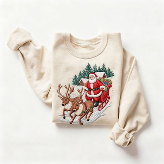 Retro Santa & Reindeer Christmas Winter Cabin Embroidered Sweatshirt - 90s Santa Claus Sleigh Snowy Forest Outfit - Boho Unisex Crewneck Embroidered Sweatshirt - Monsterry