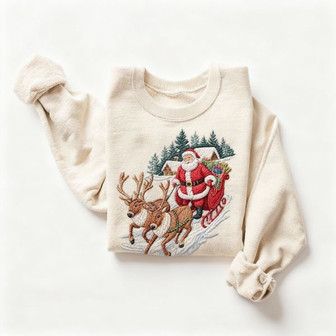 Retro Santa & Reindeer Christmas Winter Cabin Embroidered Sweatshirt - 90s Santa Claus Sleigh Snowy Forest Outfit - Boho Unisex Crewneck Embroidered Sweatshirt - Monsterry