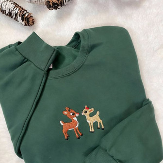 Rudolph And Clarice Embroidered Christmas Crewneck Embroidered Sweatshirt - Monsterry