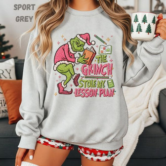 The Grinch Stole My Lesson Plan Teacher Christmas Embroidered Sweatshirt Funny Holiday Pullover For Educators Xmas Gift For Teachers - Monsterry