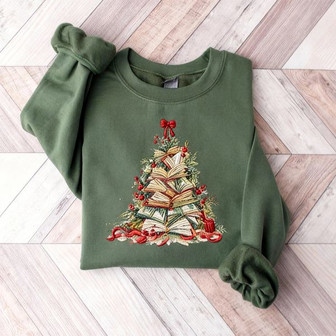 Christmas Book Tree Embroidered Sweatshirt - Monsterry