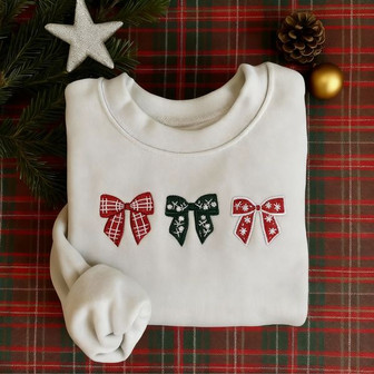 Embroidered Christmas Bow Embroidered Sweatshirt - Monsterry