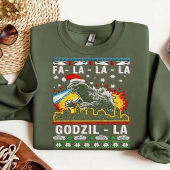 Funny Godzilla Ugly Christmas Embroidered Sweatshirt - Monsterry