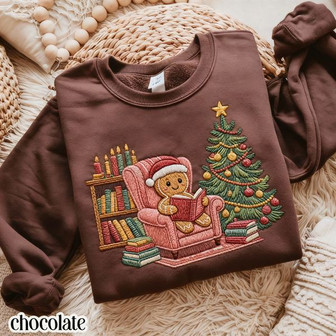 Gingerbread Christmas Embroidered Sweatshirt Reading Book Ginger Bread Cookie Sweater Book Lover Xmas Pullover Retro Holiday Tree Christmas Crewneck - Monsterry