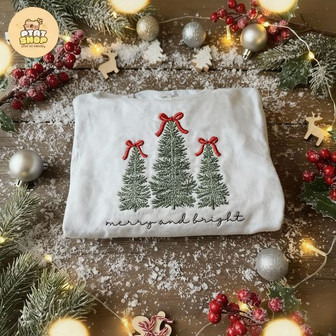 Merry And Bright Christmas Tree Embroidered Embroidered Sweatshirt - Monsterry
