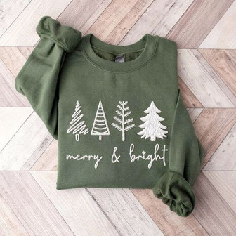 Merry & Bright Christmas Trees Embroidered Sweatshirt - Monsterry