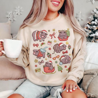 Moo Deng Christmas Embroidered Sweatshirt Moo Deng Merch Cute Moo Deng Hippo Plus Size Christmas Sweater Coquette Clothes Funny Baby Pygmy Hippo Gifts - Monsterry