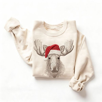 Retro Christmas Bull Moose Wearing Santa Hat Vintage Wildlife Unisex Embroidered Sweatshirt - Monsterry