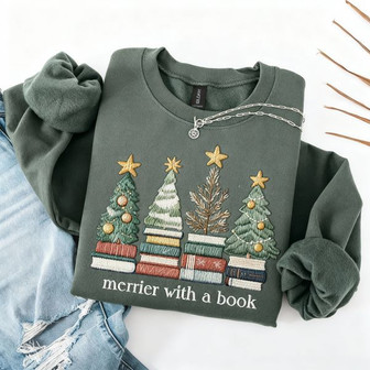 Book Lover's Cozy Christmas - Book Tree Embroidered Sweatshirt Gift - Thegiftio