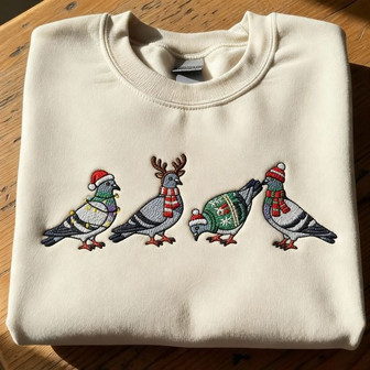 Christmas Pigeon Embroidered Shirt Funny Bird Christmas Ugly Xmas Sweater Style Top - Monsterry