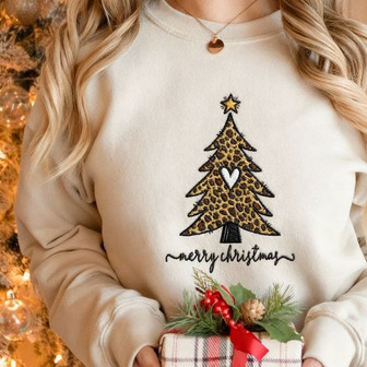 Christmas Tree Leopard Embroidered Sweatshirt - Monsterry