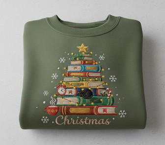 Cozy Christmas Book Tree Reader Gift Embroidered Sweatshirt - Thegiftio