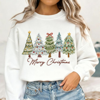 Cozy Festive Embroidered Sweatshirt - Bright Christmas Tree Cheer - Thegiftio