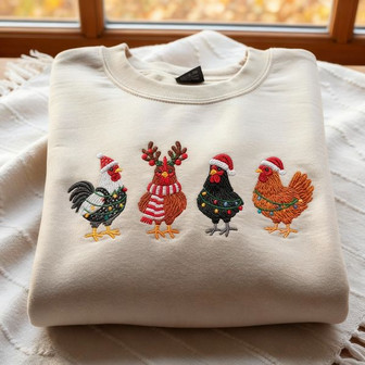 Embroidered Christmas Chickens Embroidered Sweatshirt - Monsterry