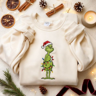 EMBROIDERED Grinch Christmas Lights Embroidered Sweatshirt - Monsterry