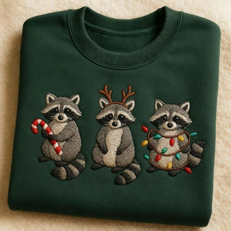 Embroidered Raccoon Christmas Embroidered Sweatshirt - Monsterry