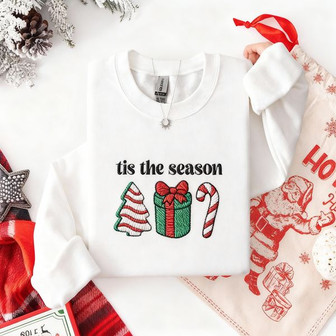 EMBROIDERED 'Tis The Season Christmas Embroidered Sweatshirt Embroidered Embroidered Sweatshirt Christmas Embroidered Sweatshirt Christmas Cake Tree Crewneck - Monsterry