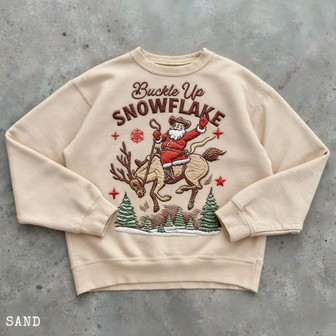 Funny Christmas Sweater Buckle Up Snowflake Cowboy Santa Unisex Crewneck Embroidered Sweatshirt - Monsterry