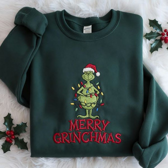 Grinch Christmas Lights Embroidered Embroidered Sweatshirt - Monsterry