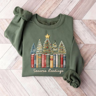 Literary Evergreen - Book Tree Embroidered Christmas Sweatshirt Joy - Thegiftio UK
