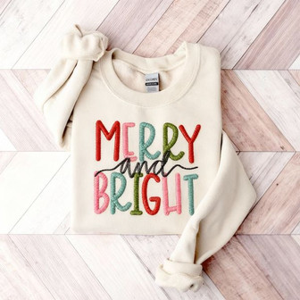 Merry And Bright Embroidered Sweatshirt - Monsterry