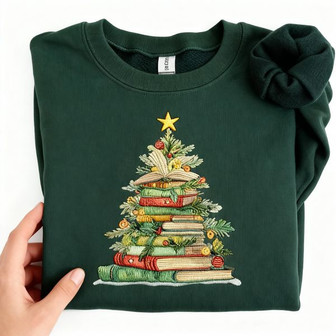 Snuggle Up with Books - Embroidered Christmas Tree Sweatshirt - Thegiftio