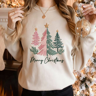 Unique Pink Holiday Tree Embroidered Sweatshirt Keepsake - Thegiftio