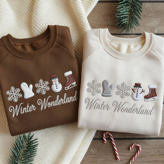 Winter Wonderland Christmas Crewneck Gift Festive Embroidered Jumper Embroidered Sweatshirt Hoodie T-Shirt Adults Snowflakes Snowman - Monsterry