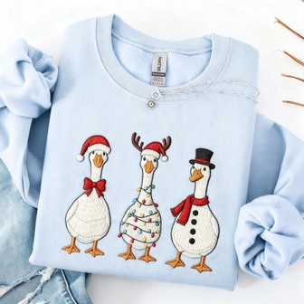 Joyful Christmas Goose Embroidered Holiday Crewneck Sweater - Thegiftio