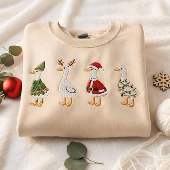Joyful Holiday Goose & Friends Embroidered Christmas Sweatshirt - Thegiftio