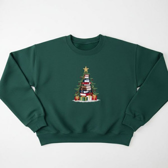 Literary Cheer - Christmas Book Tree Embroidered Sweatshirt Gift - Thegiftio