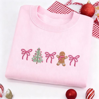 Coquette Gingerbread Christmas Tree Bow Embroidered Sweatshirt - Thegiftio