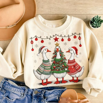 Cute Embroidered Christmas Goose Sweatshirt - Jolly Duck Holiday - Thegiftio
