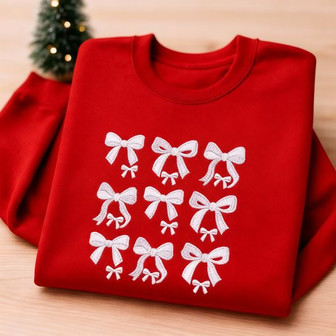 Elegant Bow-Adorned Embroidered Sweatshirt - Feminine Xmas Style - Thegiftio