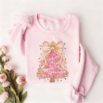 Elegant Pink Christmas Bow Embroidered Sweatshirt for Her - Thegiftio