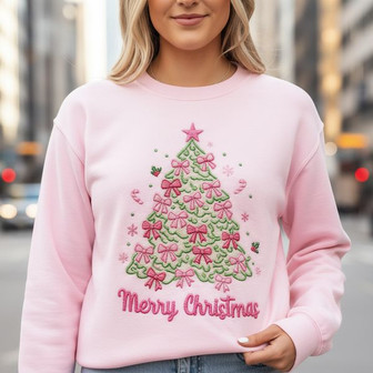 Festive Pink Bow Embroidery Sweatshirt - Holiday Cheer Top - Thegiftio