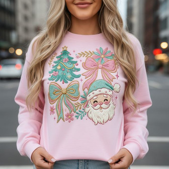 Festive Santa Bow Embroidered Sweatshirt - Cozy Holiday Charm - Thegiftio