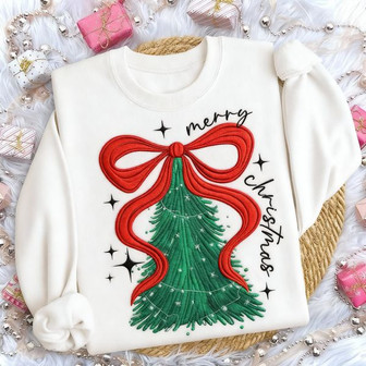Preppy Coquette Bow Embroidered Christmas Sweatshirt - Thegiftio
