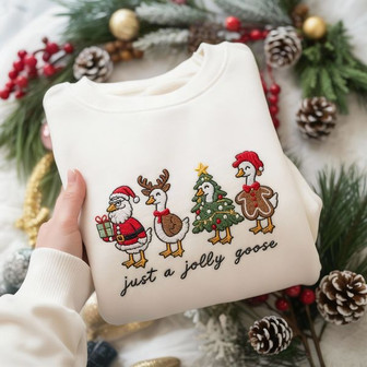 Quirky Festive Goose Embroidered Sweatshirt for Christmas Joy - Thegiftio