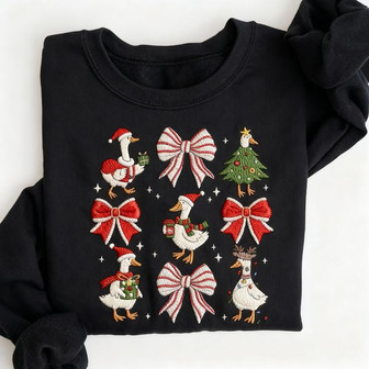 Quirky Goose with Bow Embroidered Sweatshirt for Holiday Fun - Thegiftio