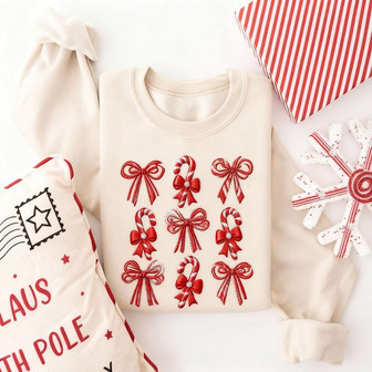 Sweet Holiday Vibes Embroidered Candy Sweatshirt Coquette Style - Thegiftio