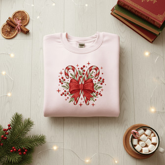 Festive Candy Cane Cheer Embroidered Sweatshirt - Thegiftio