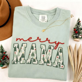 Joyful Christmas Mama Embroidered Comfort Colors T-shirt - Thegiftio