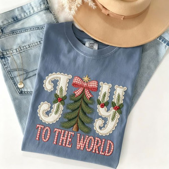 Joyful Christmas Tree Embroidered Comfort Colors T-shirt - Thegiftio
