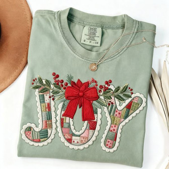 Joyful Gingham Embroidered Comfort Colors T-shirt Holiday Gift - Thegiftio