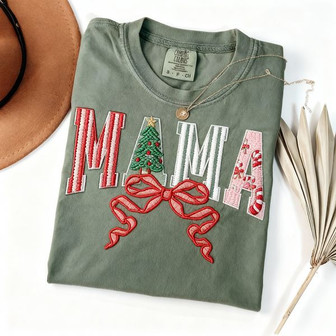 Merry Mama Embroidered Comfort Colors T-shirt Holiday Cheer Gift - Thegiftio