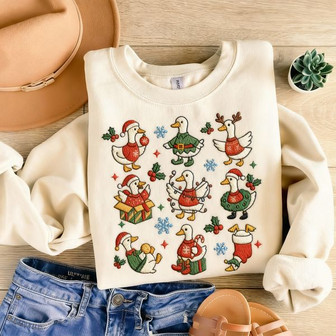 Quirky Festive Goose Embroidered Sweatshirt Holiday Apparel - Thegiftio